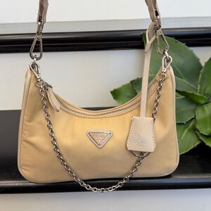 Prada Re-Edition Nylon Shoulder Bag Crossbody Beige Neutral Chain Strap